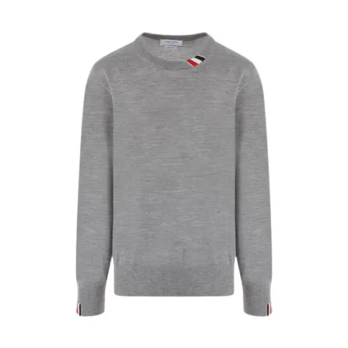 Thom Browne , Grey Wool Sweater with Tricolor Detail ,Gray male, Sizes: