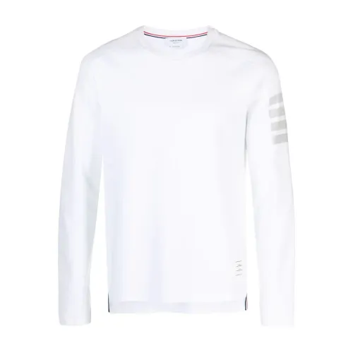 Thom Browne , Milano Cotton Long Sleeve Tee with 4 Bar Stripe ,White male, Sizes: