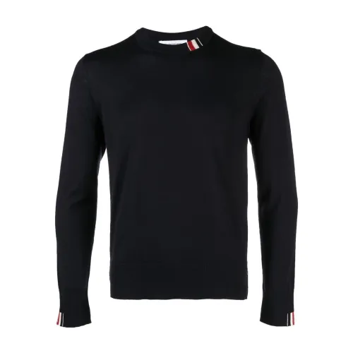 Thom Browne , Navy Blue Wool Sweater with Tricolor Detail ,Blue male, Sizes:
