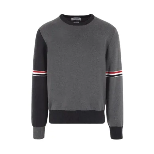 Thom Browne , Soft Fit Gray Sweater with 4-Bar Detail ,Gray male, Sizes: