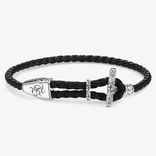THOMAS SABO Sterling Silver Oxidized Black Leather Ornament T-Bar Bracelet A1859-682-11-L25V