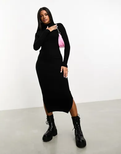 Threadbare Autumn high neck ribbed knitted midaxi dress in black