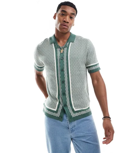 Threadbare co-ord knitted short sleeve revere collar shirt in dark forest green