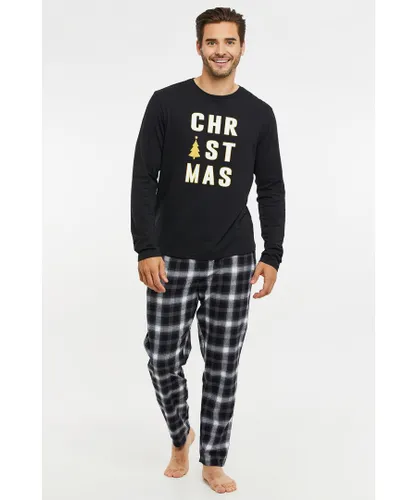 Threadbare Mens Black 'Harold' Cotton Long Sleeve Check Christmas Pyjama Set