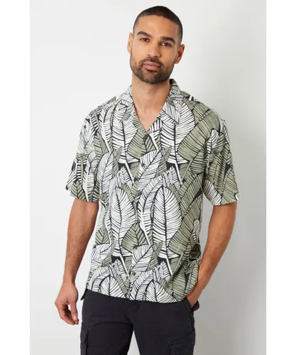 Threadbare Mens Black 'Retro' Tropical Leaf Print Revere Collar Short Sleeve Shirt