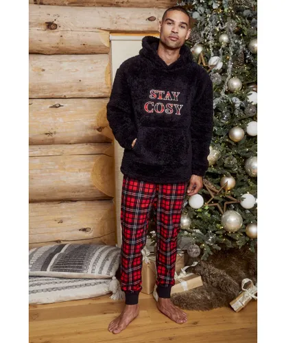 Threadbare Mens Black 'Snowy' Christmas Hoodie and Bottoms Cosy Pyjama Set