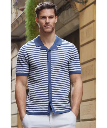 Threadbare Mens Blue 'Coniston' Cotton Mix Striped Short Sleeve Knitted Shirt