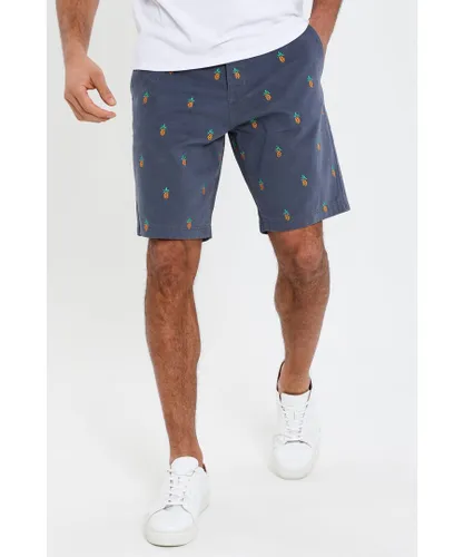 Threadbare Mens Blue Cotton 'Tropez' Embroidered Pineapple Chino Shorts