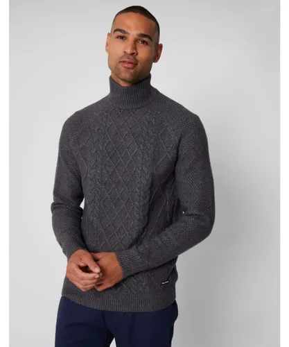 Threadbare Mens Charcoal 'Ayres' Turtle Neck Cable Knit Jumper
