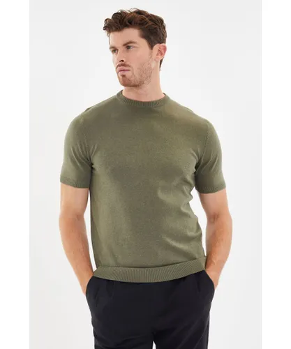 Threadbare Mens Green 'Davenfield' Cotton Rich Crew Neck Knitted T-Shirt