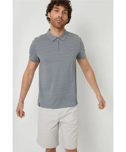 Threadbare Mens Grey 'Dion' Geometric Print Zip Collar Cotton Jersey Polo Shirt