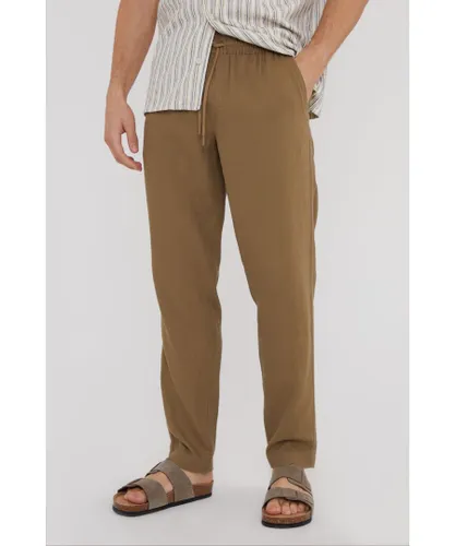Threadbare Mens Light Brown 'Fellow' Linen Blend Drawcord Trousers - Mocha