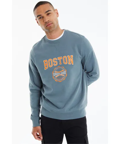 Threadbare Mens Mid Blue 'Deeming' Boston Graphic Crew Neck Sweatshirt Cotton/Polyester