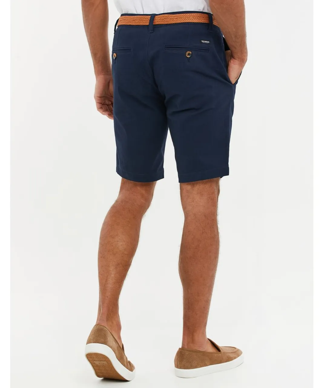 Threadbare Mens Navy 'Conta' Cotton Turn-Up Chino Shorts with Woven Belt