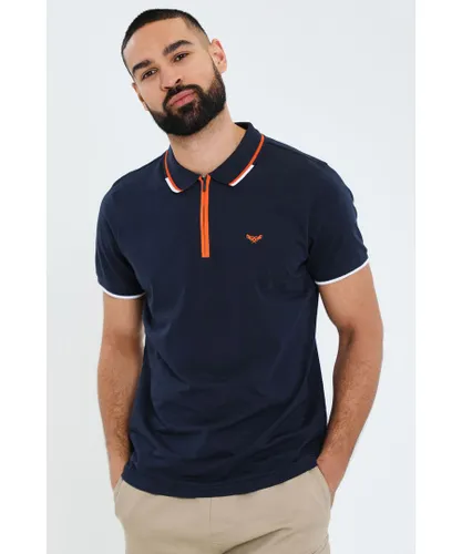 Threadbare Mens Navy 'Cruz' Cotton Jersey Contrast Detail Zip Collar Polo Shirt