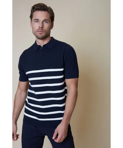 Threadbare Mens Navy 'Elleray' Cotton Mix Stripe Quarter Zip Short Sleeve Knitted Polo
