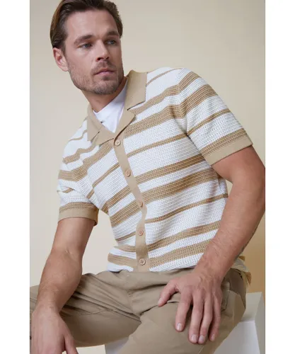 Threadbare Mens Stone 'Birkdale' Cotton Mix Crochet Knit Short Sleeve Shirt