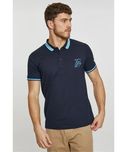 Threadbare Mens 'Stone' Contrast Detail Jersey Polo Shirt - Navy Cotton