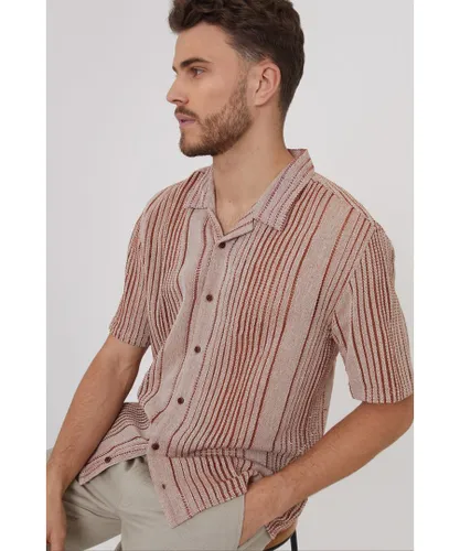 Threadbare Mens Terracotta 'Tobin' Cotton Open Weave Stripe Short Sleeve Shirt - Rust