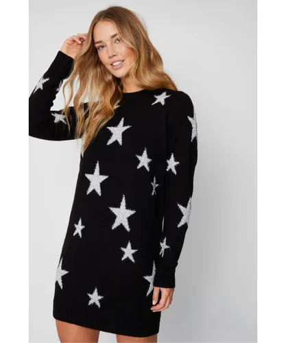 Threadbare Womens Black 'Celestial' Tinsel Star Knitted Jumper Dress
