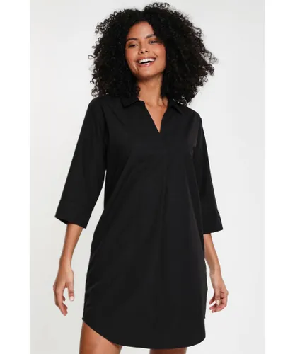 Threadbare Womens Black Cotton Poplin 'Beach' V Neck Shirt Dress