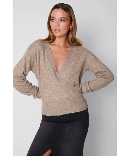 Threadbare Womens Brown 'Hepburn' Wrap Front Knitted Jumper Acrylic/Polyester