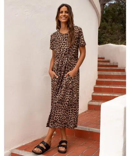 Threadbare Womens Leopard 'Danni' Cotton Smock-Style Dress - Brown