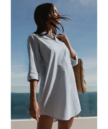 Threadbare Womens Light Blue Cotton Poplin 'Beach' V Neck Shirt Dress