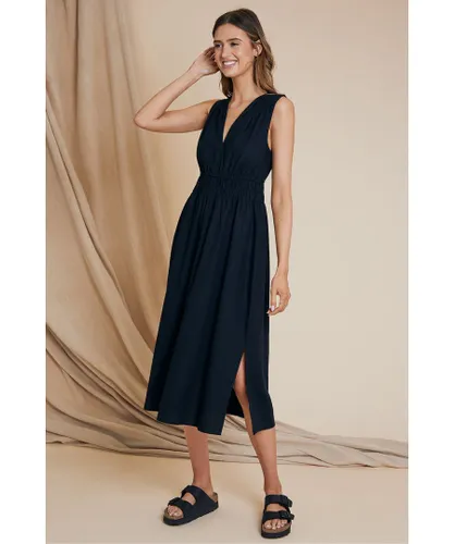 Threadbare Womens Linen Look 'Peppercorn' Ruched Waist Midi Dress - Black