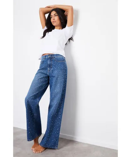 Threadbare Womens Mid Blue 'Manilla' Embellished Wide Leg Denim Jeans