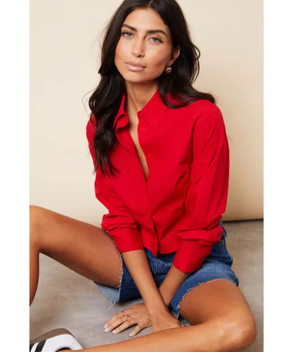 Threadbare Womens Red 'Aero' Cropped Elasticated Hem Boxy Long Sleeve Shirt Cotton