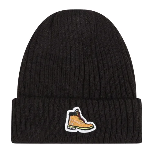 Timberland , Black Ribbed Beanie with Shoe Embroidery ,Black unisex, Sizes: