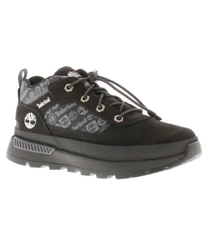 Timberland Boys Boots Bungee Lace Up Field Trekker Youth Walking Leather Blck - Black