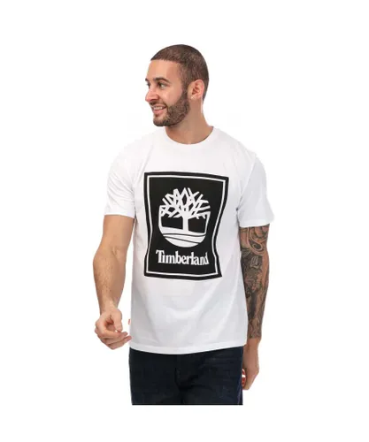 Timberland Mens Front Stack Black Logo T-Shirt in White - Black & Silver Cotton
