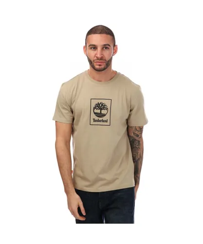 Timberland Mens Stack Logo Print T-Shirt in Black - Beige Cotton