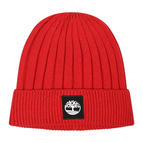 Timberland , Red Cotton Beanie with Tree Patch ,Red unisex, Sizes: