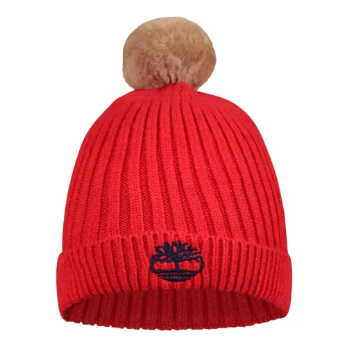 Timberland , Red Ribbed Hat with Pom-Poms and Embroidered Tree ,Red unisex, Sizes: