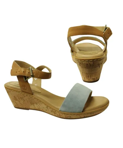 Timberland Whittier Ankle Strap Open Toe Tan Blue Womens Wedge Sandals A1IEJ B* - Brown Leather (archived)