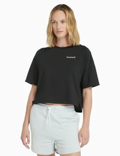 Timberland Womens Cotton Blend Crew Neck Cropped T-Shirt - M - Black, Black,Lilac