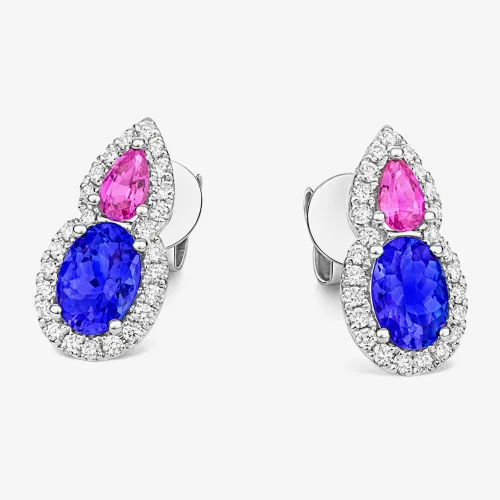 Tivon 18ct White Gold Tanzanite Pink Sapphire and Diamond Cluster Stud Earrings EW-0917-TZPS