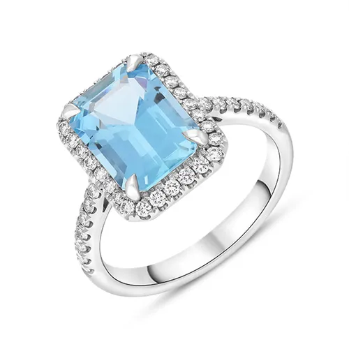 Tivon Platinum Santa Maria Aquamarine Diamond Emerald Cut Cluster Ring - N