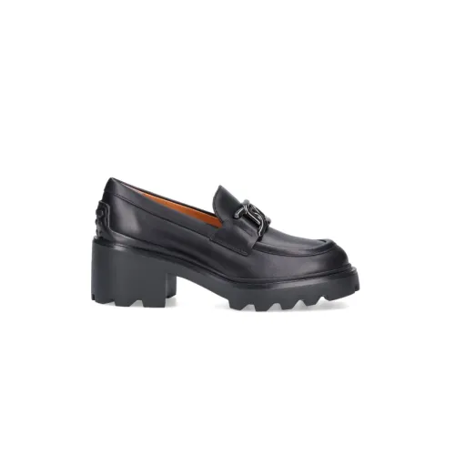 Tod's , Black Heeled Loafers with Metal Chain Accessory ,Black female, Sizes:
