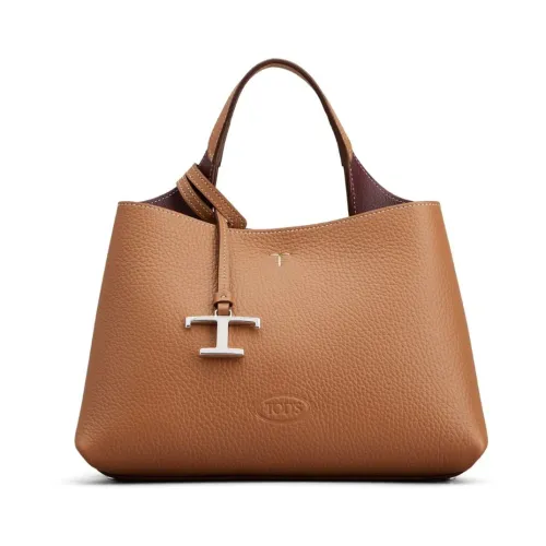 Tod's , Grained Leather Tote Bag with Logo Pendant ,Brown female, Sizes: ONE SIZE