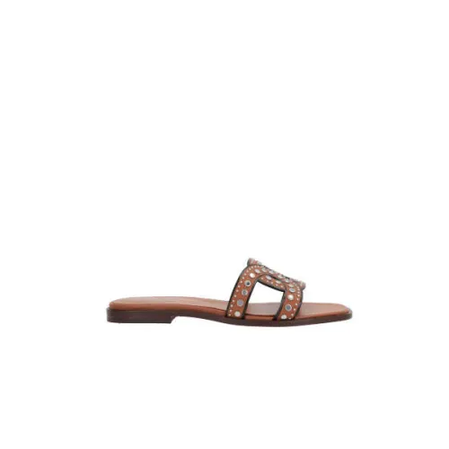 Tod's , Leather Slide Sandals with Silver Studs ,Brown female, Sizes: