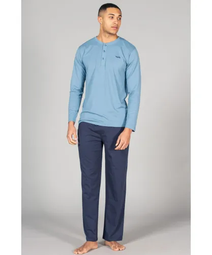 Tokyo Laundry Mens Blue Cotton 2-Piece Long Sleeve Top And Jersey Bottoms Loungewear Set