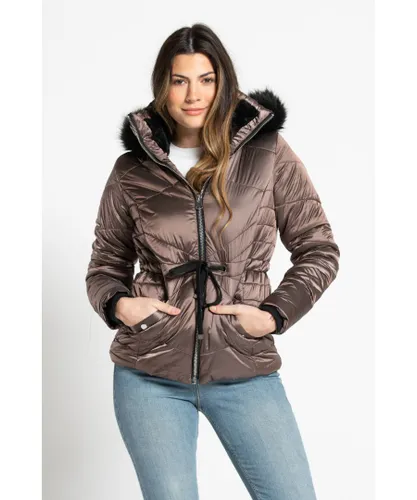 Tokyo Laundry Womens High Shine Quilted Jacket With Faux Fur Trim Hood - Taupe Nylon