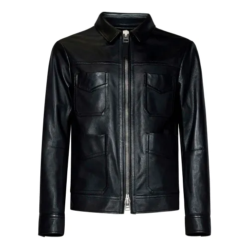 Tom Ford , Black Leather Coat with Signature Zip Closure ,Black male, Sizes: