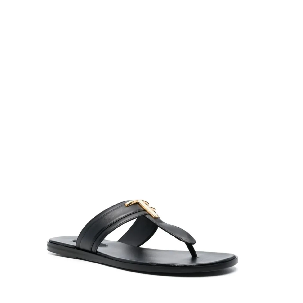 Tom Ford , Black Leather Logo-Plaque Flat Sandals ,Black male, Sizes: