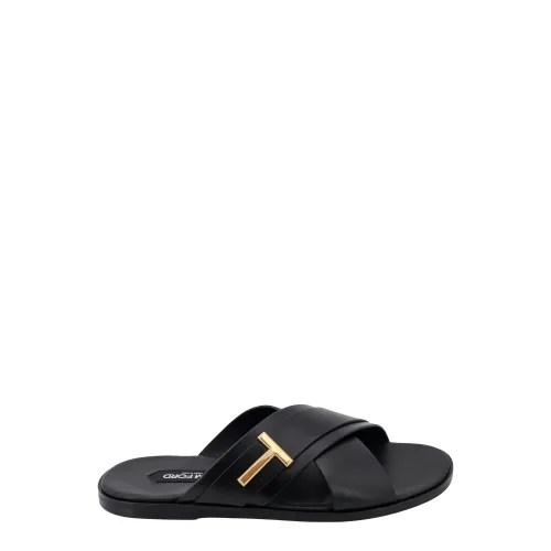 Tom Ford , Black Leather Sandals with Metal Monogram ,Black male, Sizes: