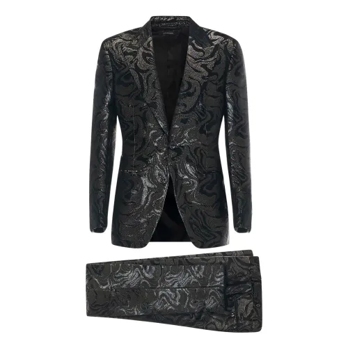 Tom Ford , Black Single Breasted Suit with Abstract Pattern ,Black male, Sizes: